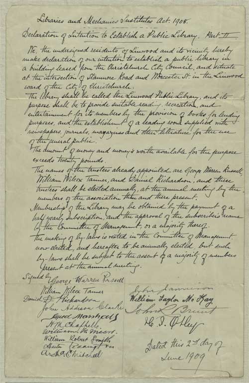 Image of Libraries and Mechanics Institute Act 1908. Declaration of intention to establish a Public Library. Part II 1909