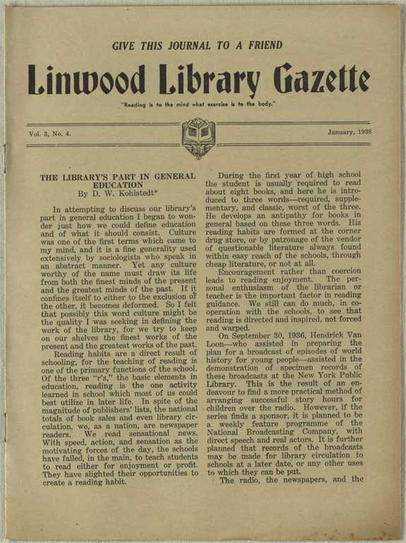 Image of Linwood Library Gazette January, 1938