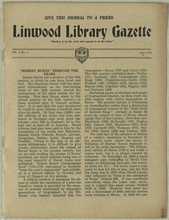 Image of Linwood Library Gazette July 1938