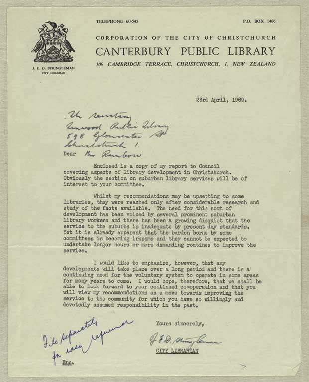 Image of Letter accompanying Proposals for the future development of library services 23rd April, 1969
