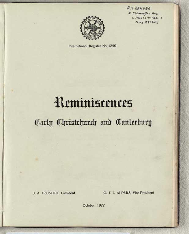 Image of Reminiscences : early Christchurch and Canterbury, 1922 1922