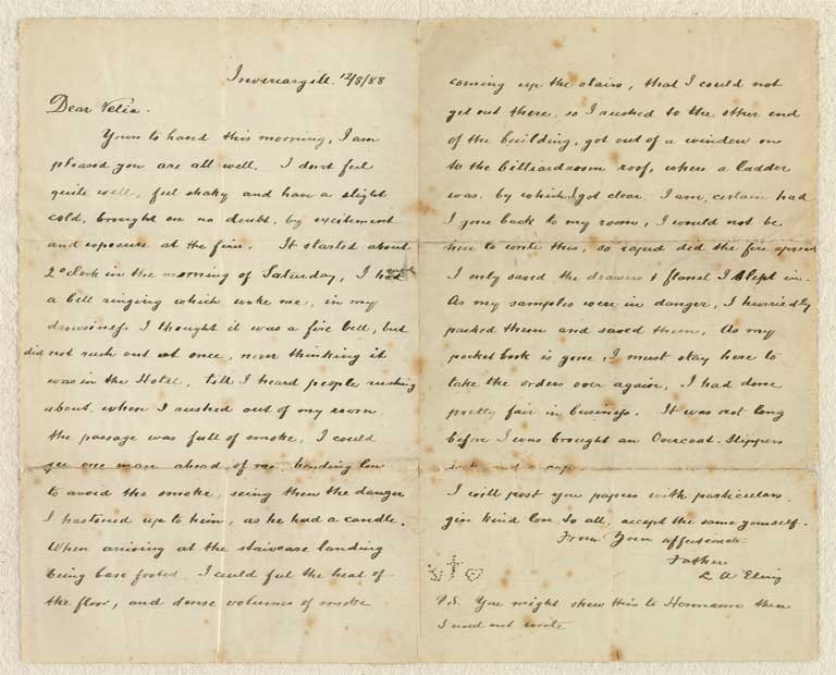 Image of Letters recording his experiences in the fires on the steamer Wairarapa near Gisborne and at the Albion Hotel in Invercargill, 1883 and 1888. 12/8/88