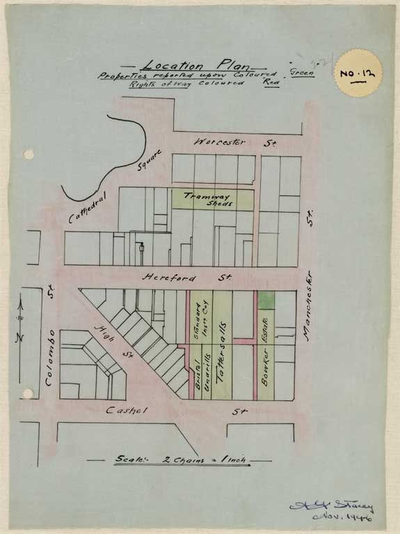 Image of No. 12. Location plan to scale showing location Hereford Street coloured green 1946