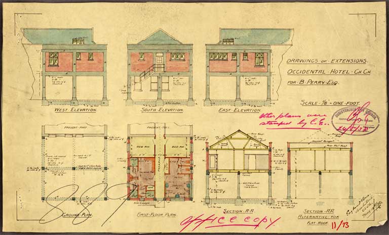 Drawings of extensions Occidental Hotel ChCh for B Perry Esq. West, South, East Elevation along with Ground & First Floor Plan 18 May 1938 