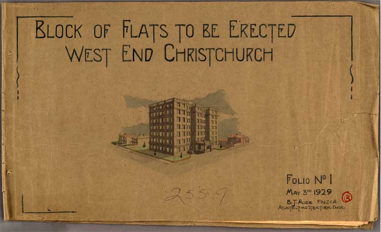 Block of Flats to be Erected West End Christchurch. Folio No. 1. 3 May 1929 Image 1 of 28