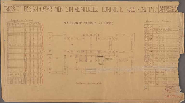 St Elmo Courts Design & Apartments in Reinforced Concrete West End Christchurch. Key Plan of Footings & Columns 18 October 1929 Image 11 of 28