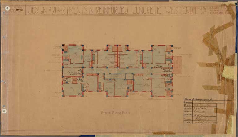 St Elmo Courts Design & Apartments in Reinforced Concrete West End Christchurch. Typical Floor Plan 25 September 1929 Image 15 of 28