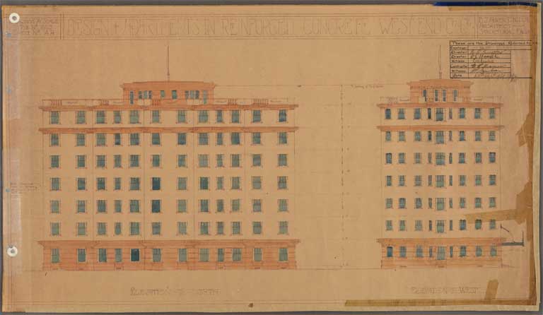 St Elmo Courts Design & Apartments in Reinforced Concrete West End Christchurch. Elevation to South 25 September 1929 Image 22 of 28