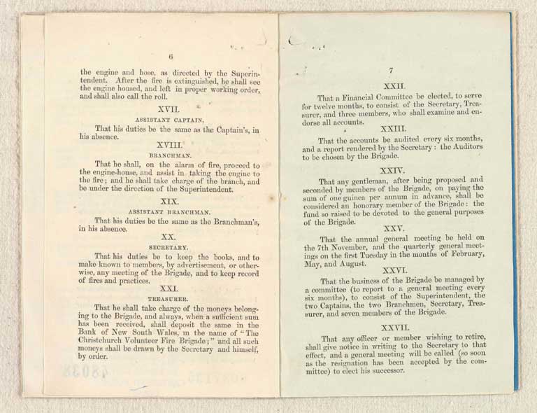 Image of Revised rules & regulations, together with a list of the officers and members now forming the Christchurch Volunteer Fire Brigade, founded 7th Nov., 1860. 1862