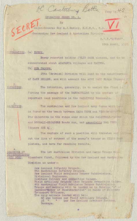 Gallipoli campaign : operation and transport orders, memoranda and other papers issued to the Canterbury Infantry Battalion at Lemnos, January-September 1915 