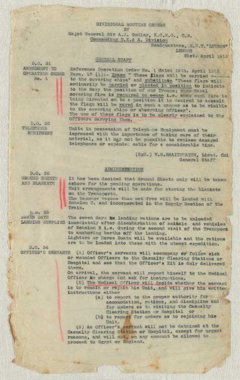 Gallipoli campaign : operation and transport orders, memoranda and other papers issued to the Canterbury Infantry Battalion at Lemnos, January-September 1915 