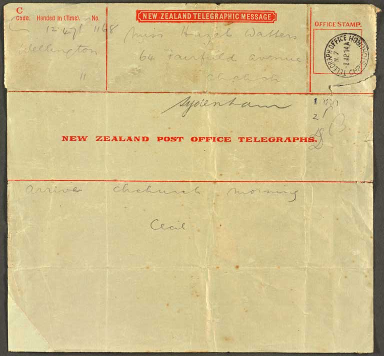 [Telegram to Miss Hazel Watters] 8 Apr 1914