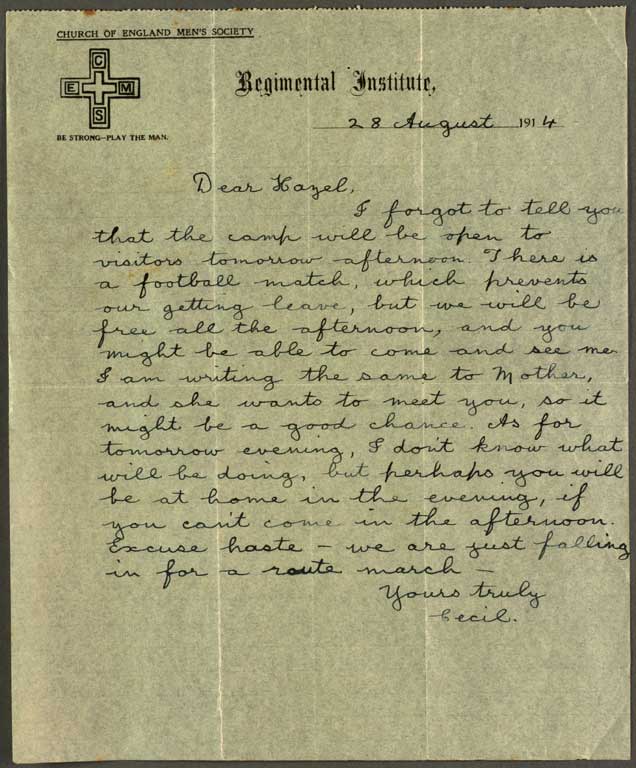 [Letter to Hazel] 28 August 1914