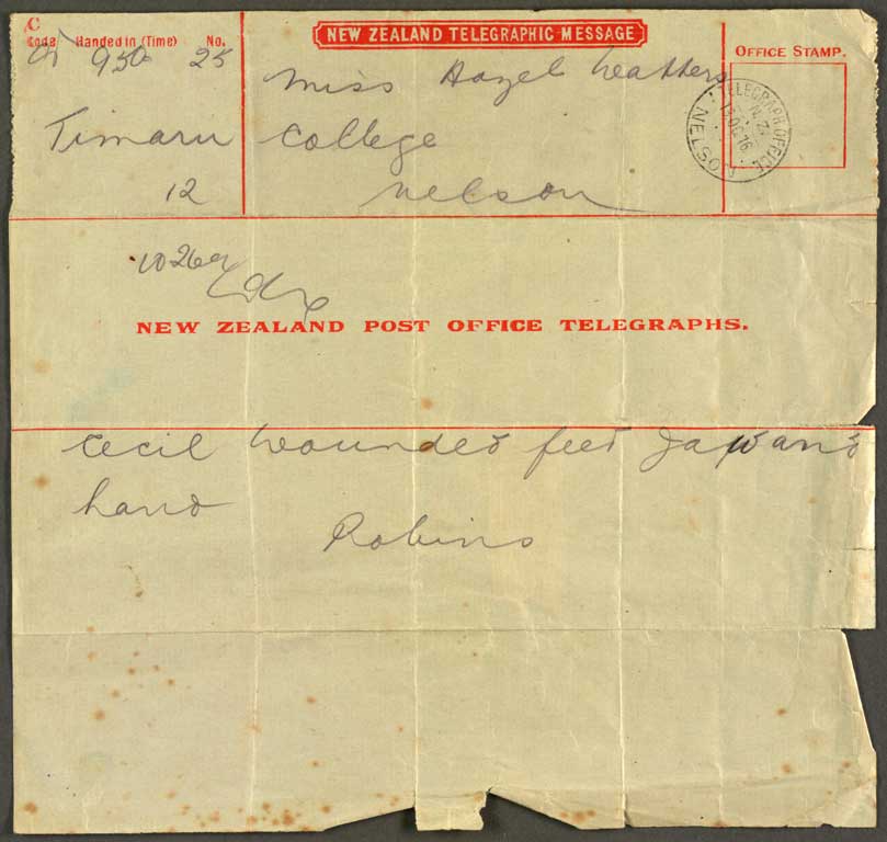 [Telegram to Miss Hazel Watters] 13th Oct 1916