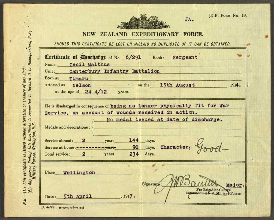 Certificate of Discharge 5th April 1917