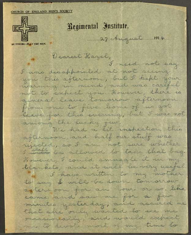 [Letter to Hazel] 27 August 1914