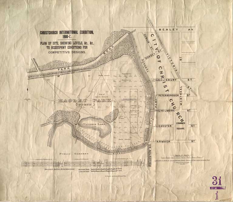 Christchurch International Exhibition, 1906-7 : plan of site, showing levels, &c., &c., to accompany conditions for competitive designs. 1905 