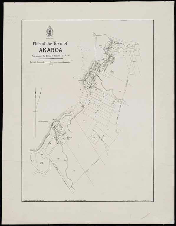 Plan of the town of Akaroa / surveyed by Boys & Davie, 1852-6 ; drawn by C. R. Pollen, Wellington Feb'y 28th 1878 ; photo-lithographed by A. McColl. [1878] 