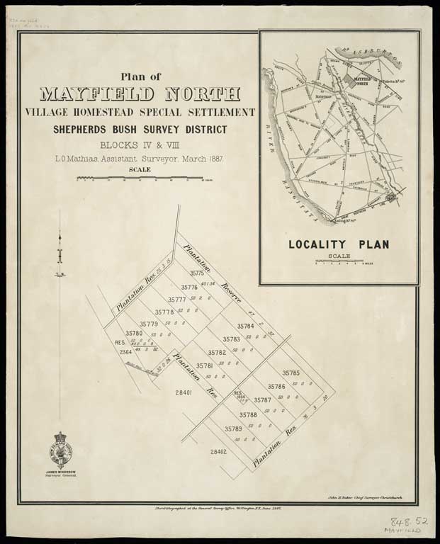 Plan of Mayfield North village homestead special settlement, Shepherd's Bush survey district, Blocks IV & VIII / L.O. Mathias, assistant surveyor, March 1887. 1887 