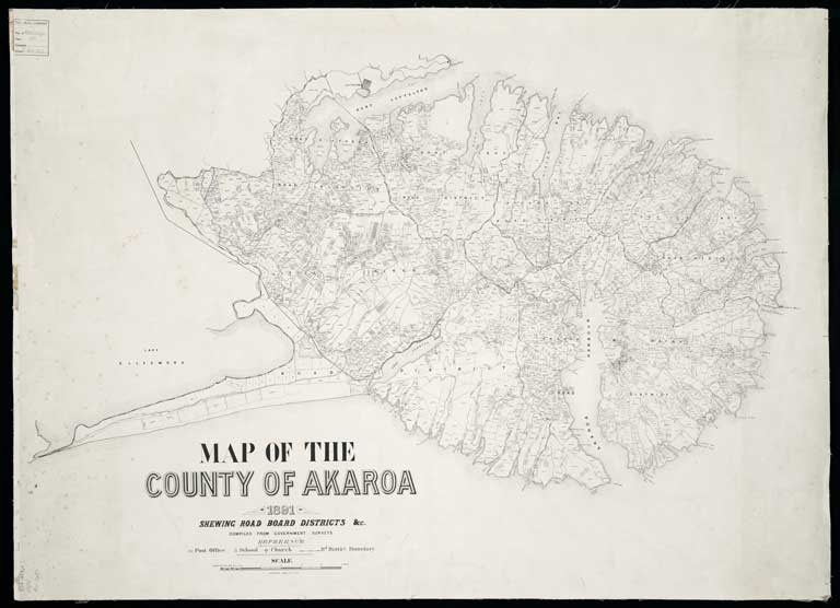 Map of the County of Akaroa, 1891, shewing Road Board districts etc. ... . 1891 