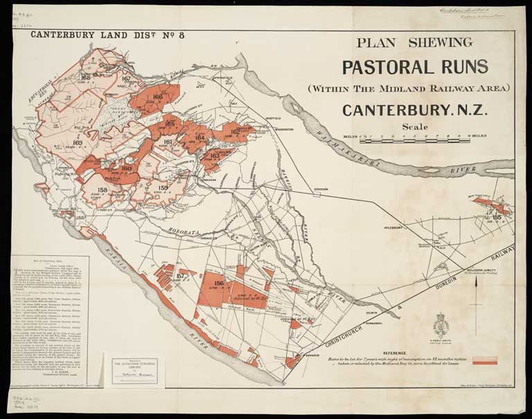 Canterbury Land District. No. 8 : plan shewing pastoral runs (within the Midland Railway area) Canterbury N.Z. / John H. Baker, Christchurch. 1889 