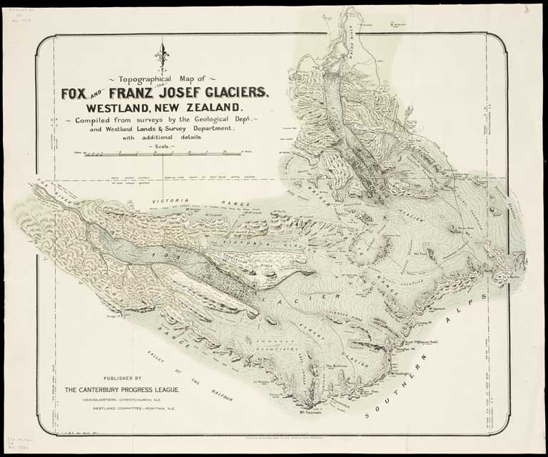 Topographical map of Fox and Franz Josef glaciers, Westland, New Zealand / compiled from surveys by the Geological Dept., and Westland Lands & Survey Department, with additional details. 1911 