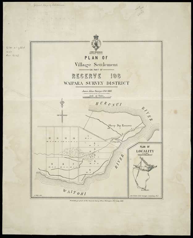 Plan of village settlement on part of Reserve 198, Waipara Survey District / James Adam, surveyor, Feby. 1883. 1883 