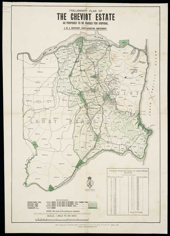 Preliminary plan of the Cheviot Estate as proposed to be divided for disposal / J.W.A. Marchant, Chief surveyor, Canterbury. 1893 