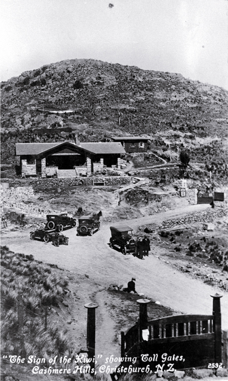 Sign of the Kiwi, Port Hills, Christchurch, showing toll gates 