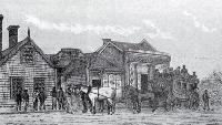 Cobb & Co's coach for Kaiapoi, outside Birdsey's, a restaurant-drinking house) in High Street, Christchurch - 1863