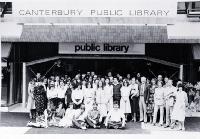 Canterbury Public Library staff outside the new library building on the corner of Gloucester Street and Oxford Terrace [1982]