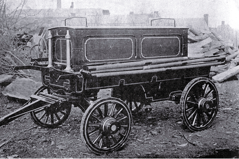 Manual fire engine manufactured by Peter M. Johnston, machinist, wheel-wright & general smith, 77 Montreal Street, Christchurch 