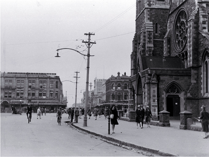 Pedestrians in Cathedral Square, looking up Colombo Street north, Christchurch 