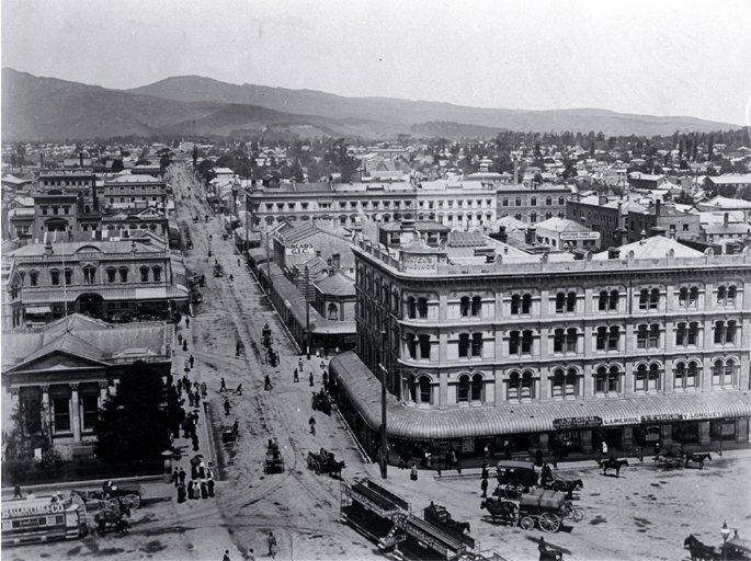 Bank of New Zealand, Morten's Building, and the commercial block of Colombo Street looking south from the Cathedral 