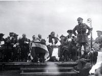 Major-General Sir Andrew Russell makes a stirring speech to those assembled, foundation stone ceremony, Bridge of Remembrance