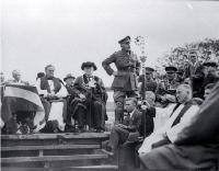 Major-General Sir Andrew Russell addressing the assembly, foundation stone ceremony, Bridge of Remembrance