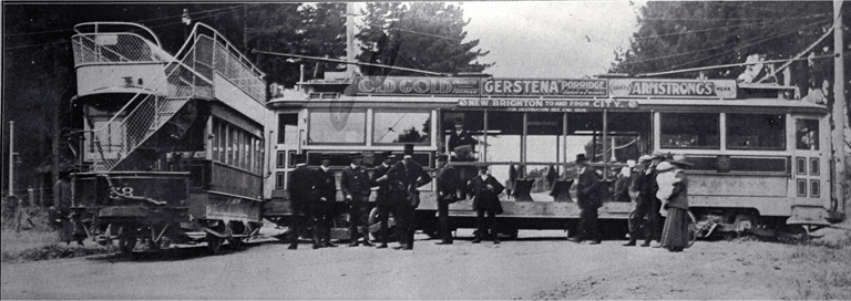 A mishap to the Christchurch-New Brighton tram at Wainoni Park 