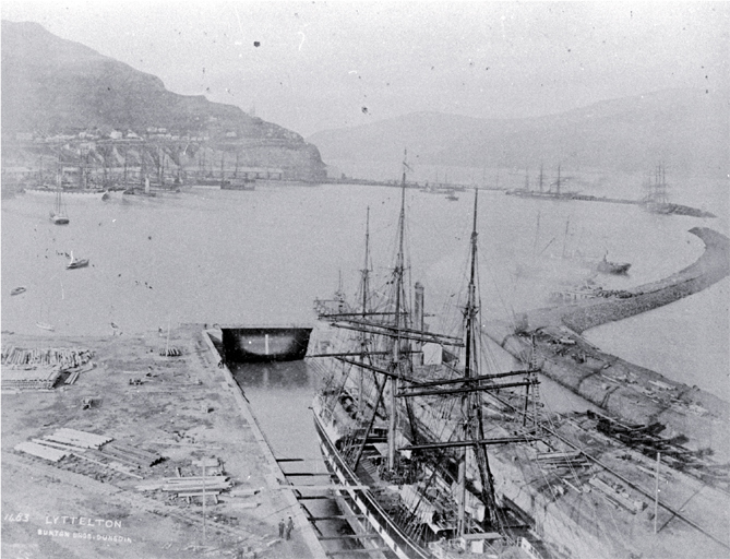 New Zealand Shipping Company's Hurunui, the first ship to enter the new graving dock at Lyttelton, Jan. 1883 
