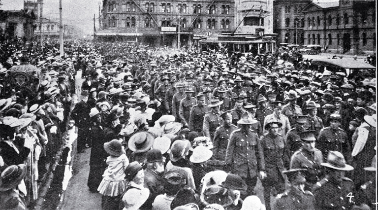 Returned soldiers pass through Cathedral Square, Christchurch 