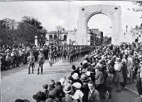 The Territorials cross the Bridge of Remembrance on the way to King Edward Barracks