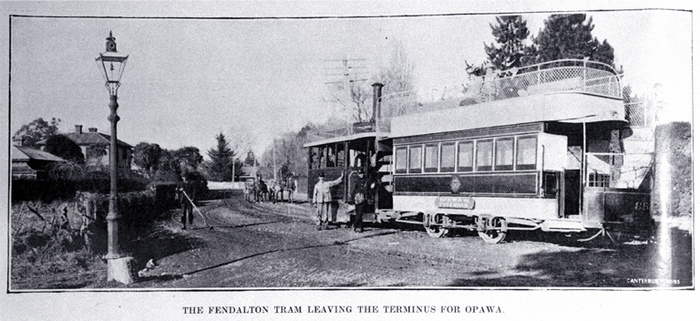 The Fendalton tram shown leaving the terminus in Fendalton outside the entrance to Mona Vale by the railway line 