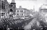 Christchurch volunteers shown firing a feu-de-joi after the Mayor delivered a proclomation of the change of status of New Zealand from a colony to a dominion, 1907