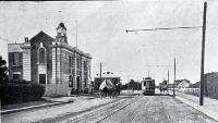 The first tram near the terminus on the new line from Papanui to Northcote, along the Main North Road [1913]