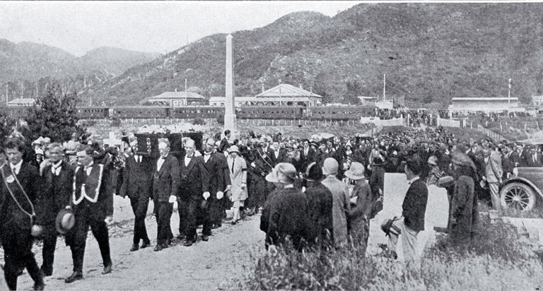 Dobson Mine Disaster, West Coast : the funeral procession of four of the victims is shown enetering the Karoro Cemetery, Greymouth.