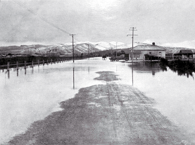 Extensive flooding on 17 April 1925 in Barrington Street, looking south from Howard Street, Christchurch 