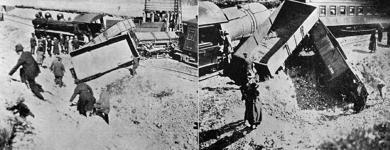 [left photo]: The wrecked locomotive and trucks. [right photo]: How the trucks acted as buffer for the passenger cars.