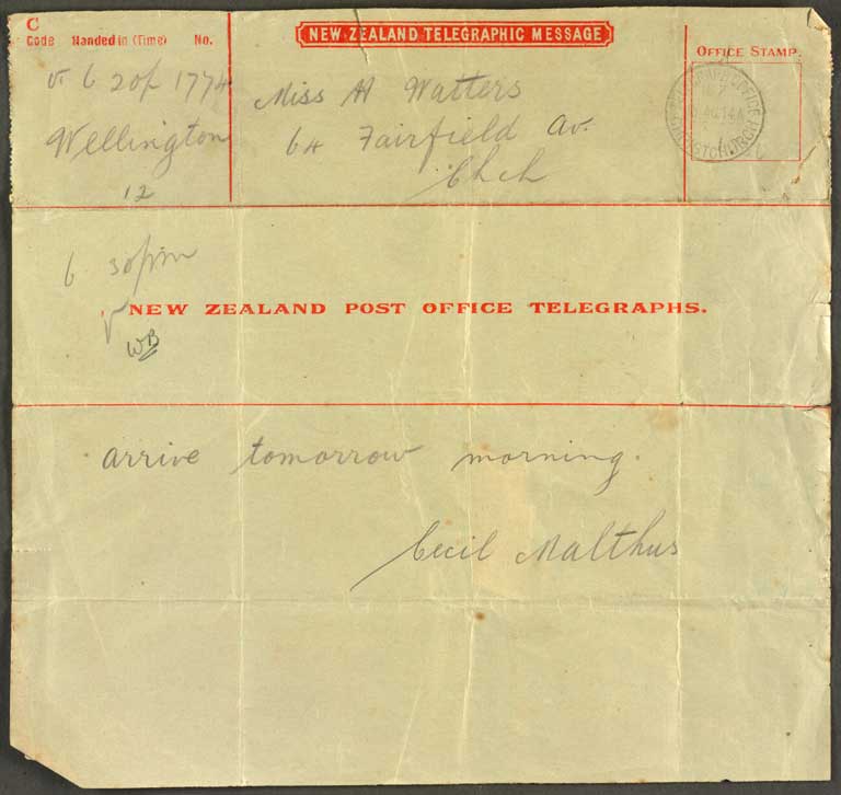 [Telegram to Miss H Watters] 15th Aug 1914
