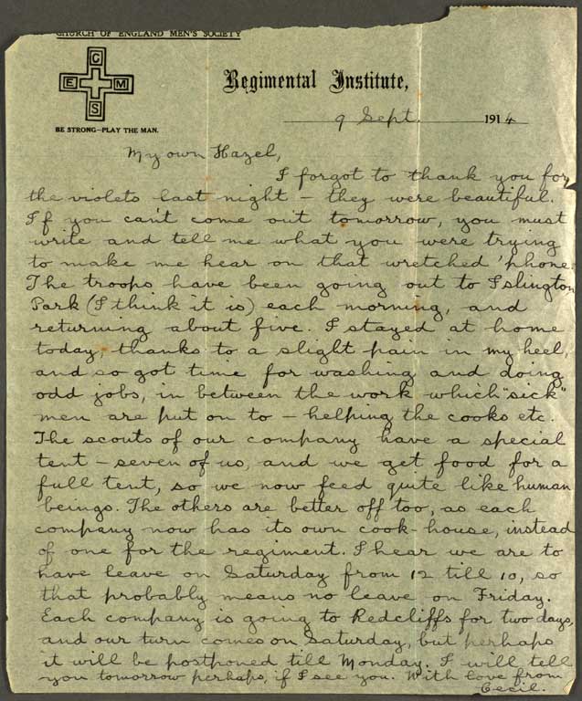 [Letter to Hazel] 9 Sept 1914