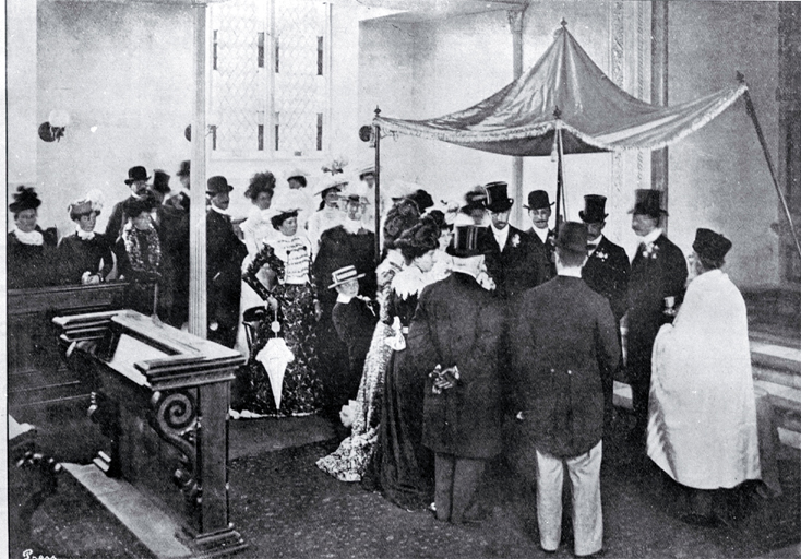 The wedding of Mr L P Hayman of Sydney to Mrs Lillie Marks, third daughter of Mr Maurice Harris of Christchurch at Beth El Synagogue, Gloucester Street, Christchurch 