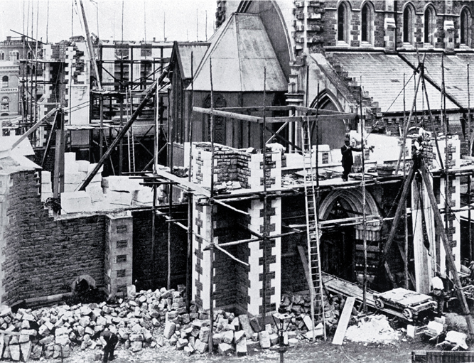 Construction being completed on the transept & chancel of the Christchurch Cathedral, begun in 1898 & completed 1904 